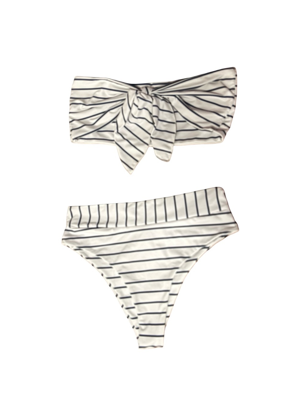 White & Green Striped Bow Tube Top Bikini Set